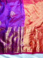 Load image into Gallery viewer, Handwoven Silk Cotton Saree - Royal purple + Flamingo Orange
