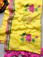 Load image into Gallery viewer, Handcrafted Cotton Saree - Corn Yellow + Cerise Pink
