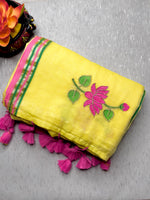 Load image into Gallery viewer, Handcrafted Cotton Saree - Corn Yellow + Cerise Pink
