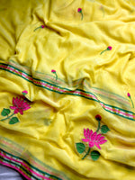 Load image into Gallery viewer, Handcrafted Cotton Saree - Corn Yellow + Cerise Pink
