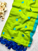 Load image into Gallery viewer, Handcrafted Cotton Saree - Earls Green + Bright Turquoise
