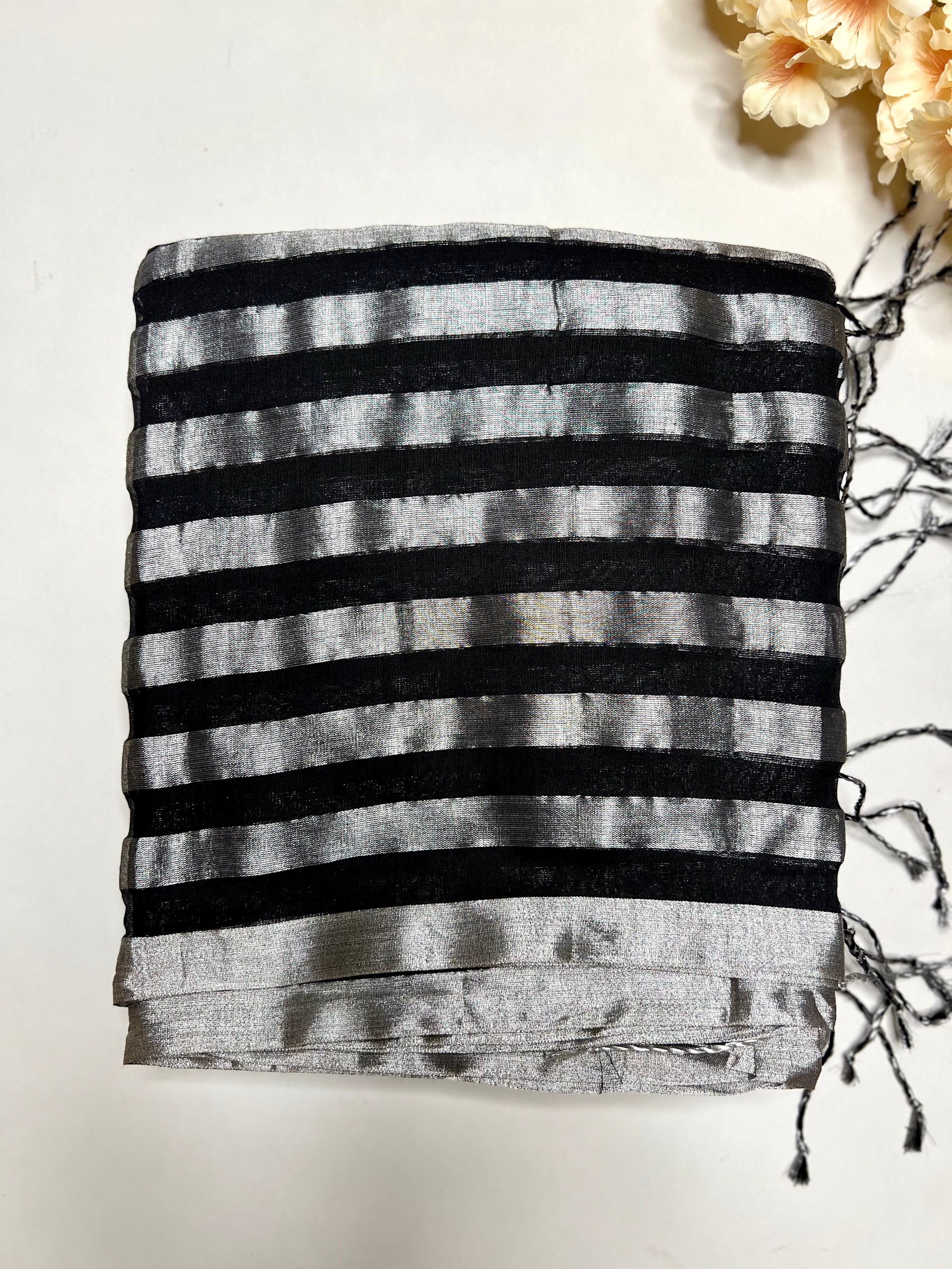 Handwoven Cotton Saree - Black Night + Silver Zari