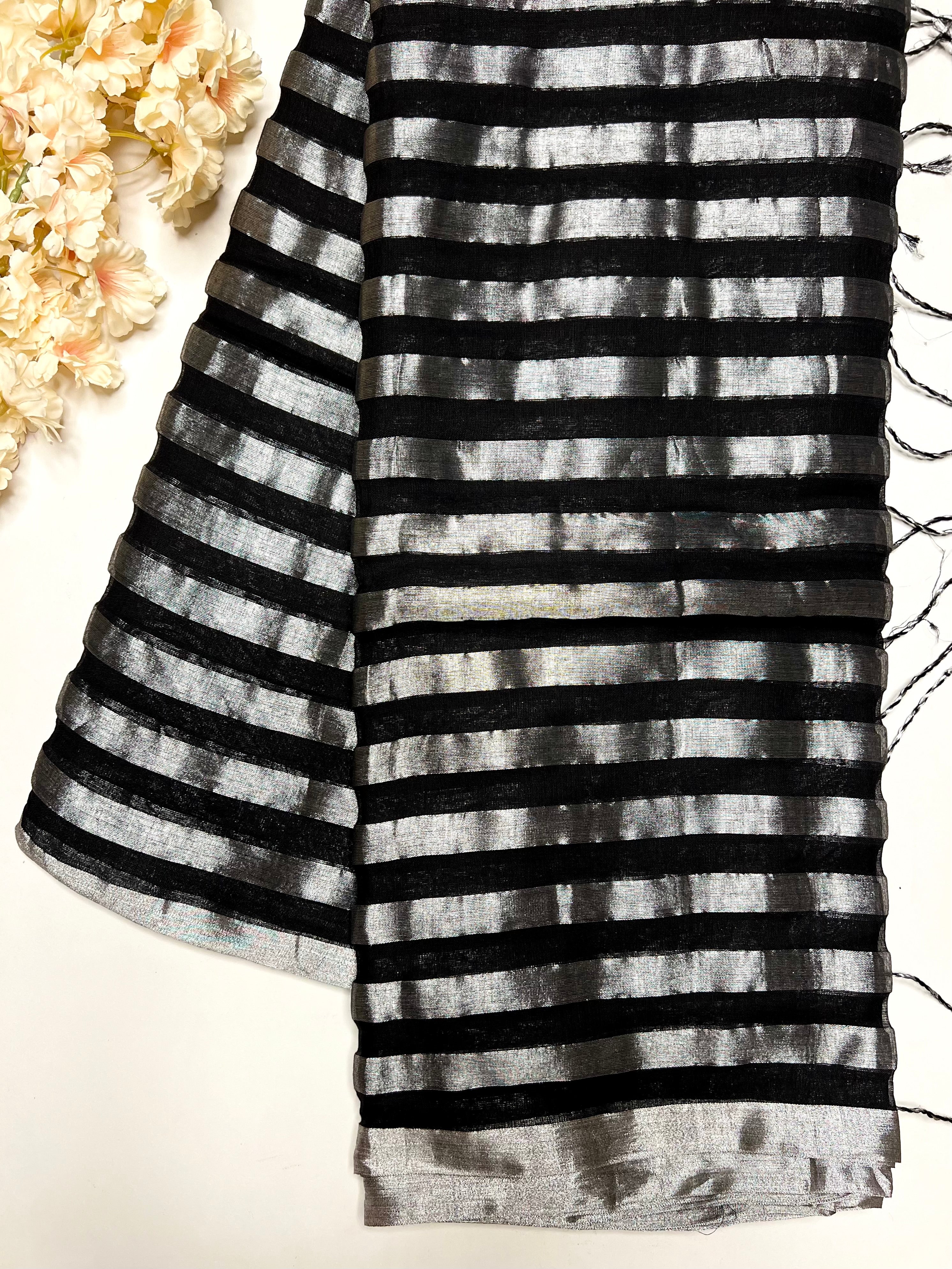 Handwoven Cotton Saree - Black Night + Silver Zari