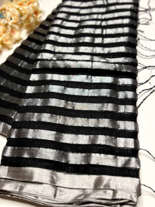 Handwoven Cotton Saree - Black Night + Silver Zari