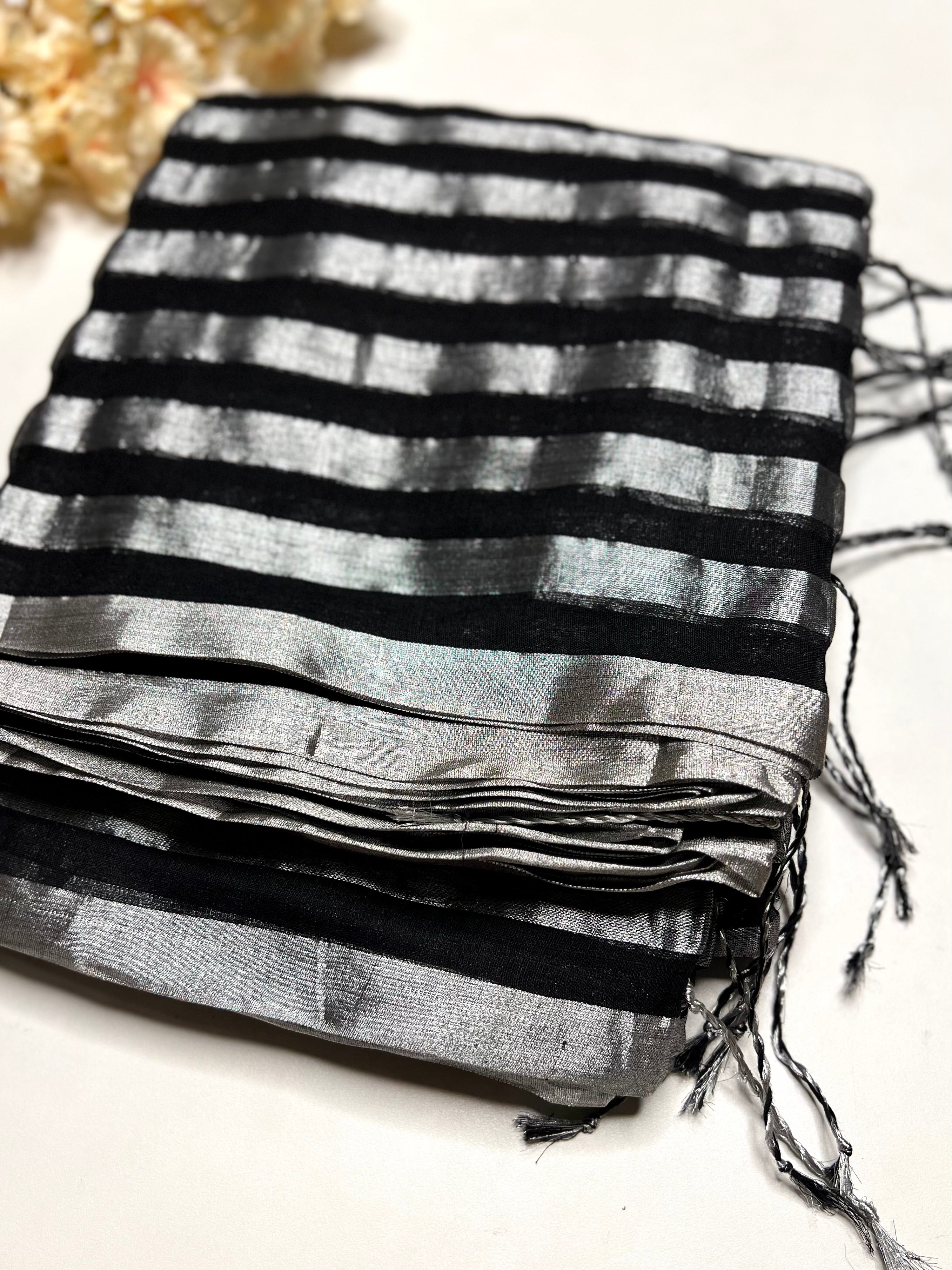 Handwoven Cotton Saree - Black Night + Silver Zari