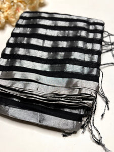Handwoven Cotton Saree - Black Night + Silver Zari