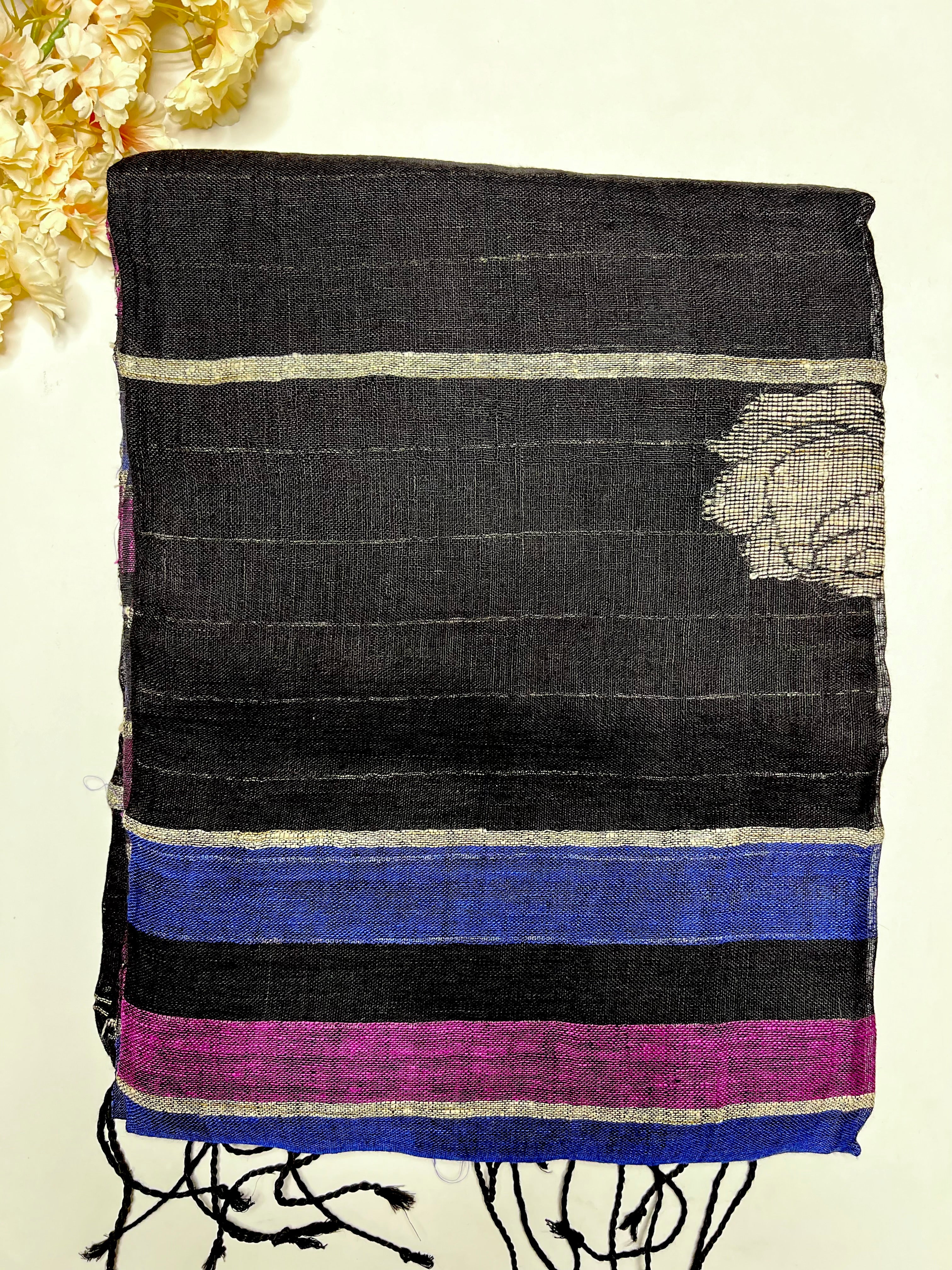 Handwoven Linen Saree - Mulberry + Deep Blue + Black