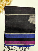 Load image into Gallery viewer, Handwoven Linen Saree - Mulberry + Deep Blue + Black
