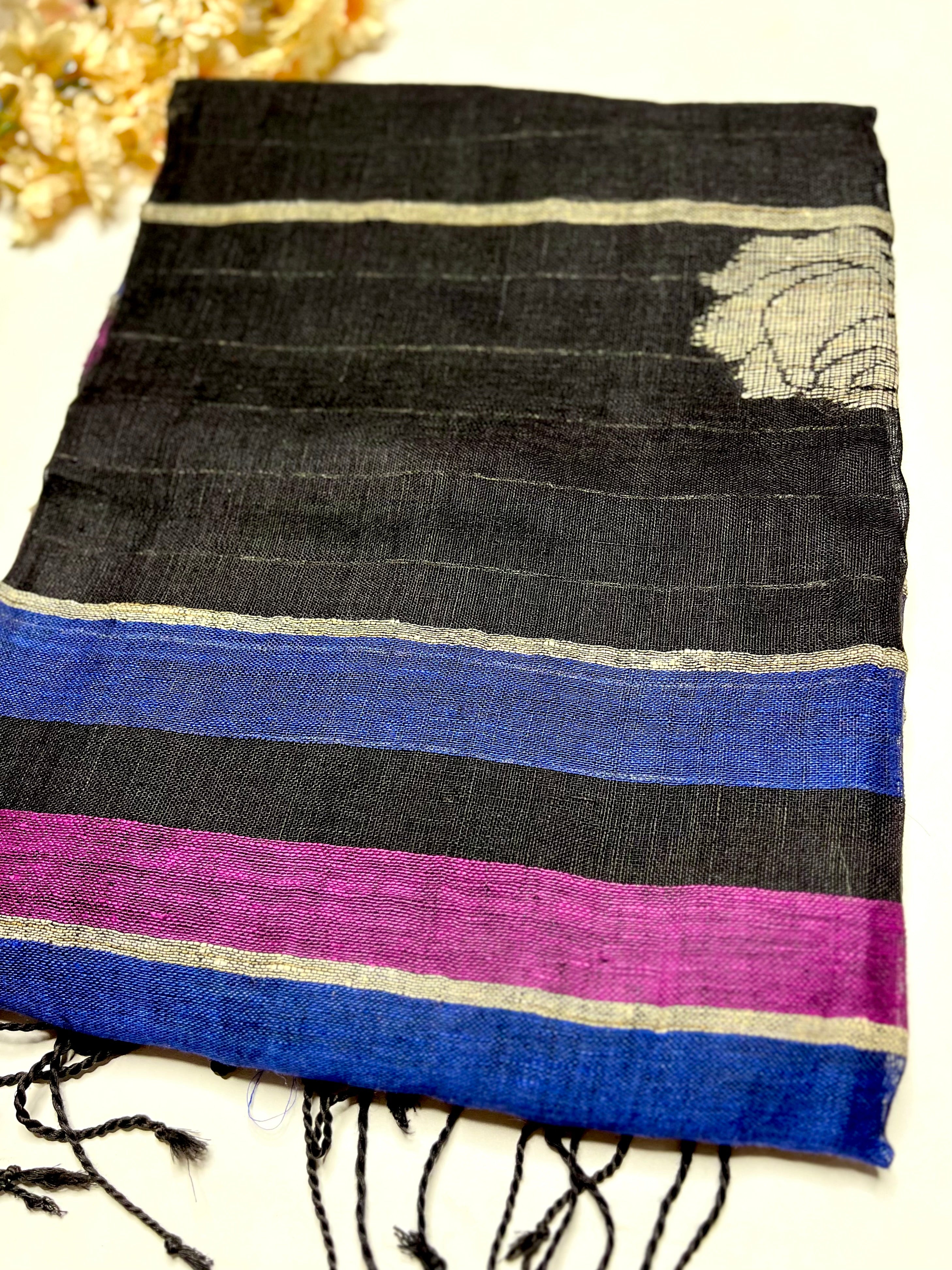 Handwoven Linen Saree - Mulberry + Deep Blue + Black