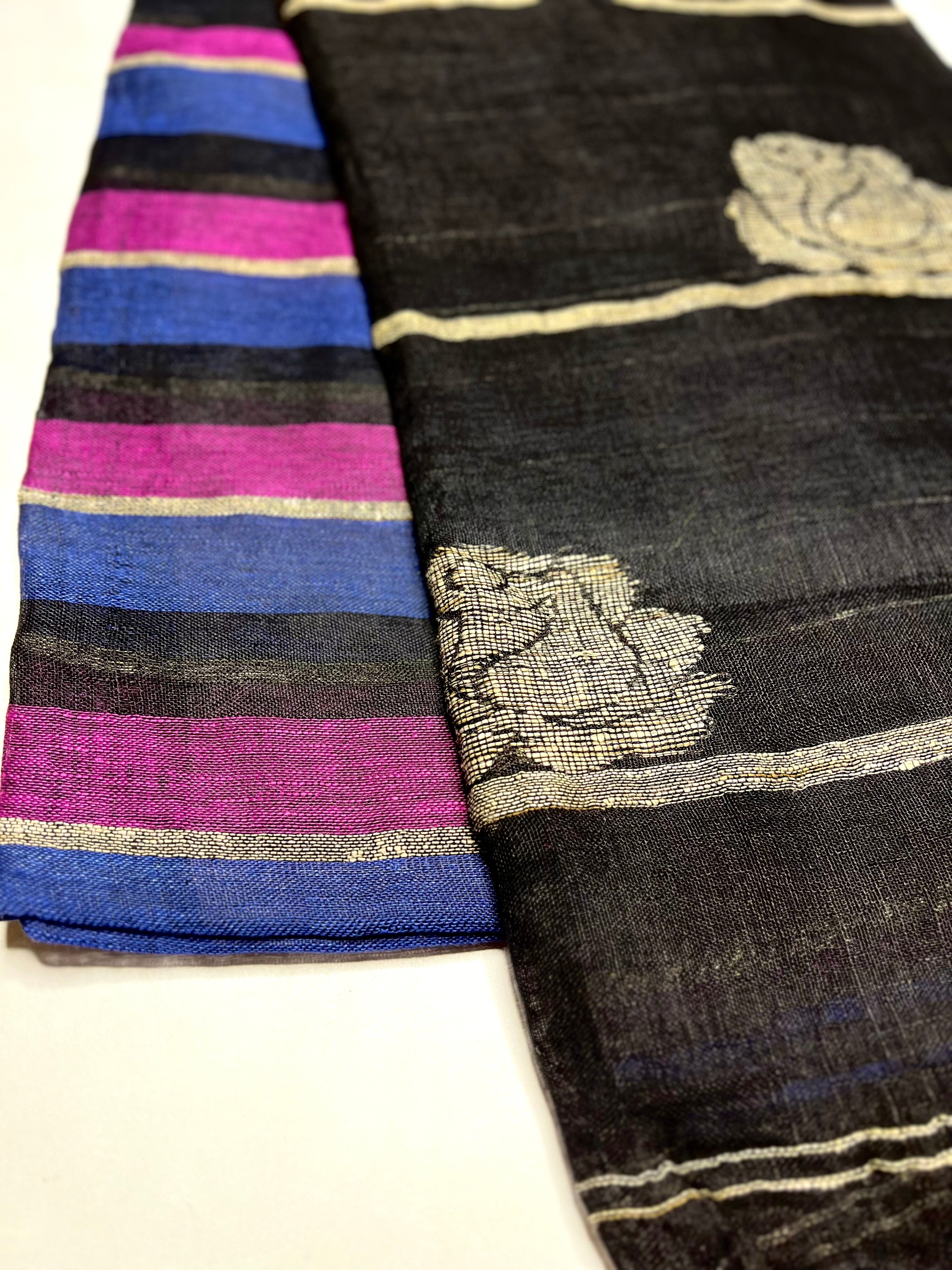 Handwoven Linen Saree - Mulberry + Deep Blue + Black