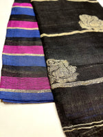 Load image into Gallery viewer, Handwoven Linen Saree - Mulberry + Deep Blue + Black
