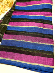 Handwoven Linen Saree - Mulberry + Deep Blue + Black