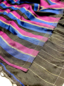 Handwoven Linen Saree - Mulberry + Deep Blue + Black