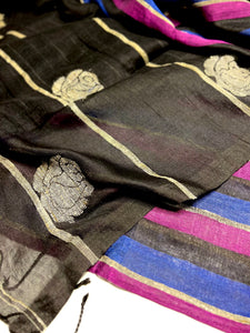 Handwoven Linen Saree - Mulberry + Deep Blue + Black