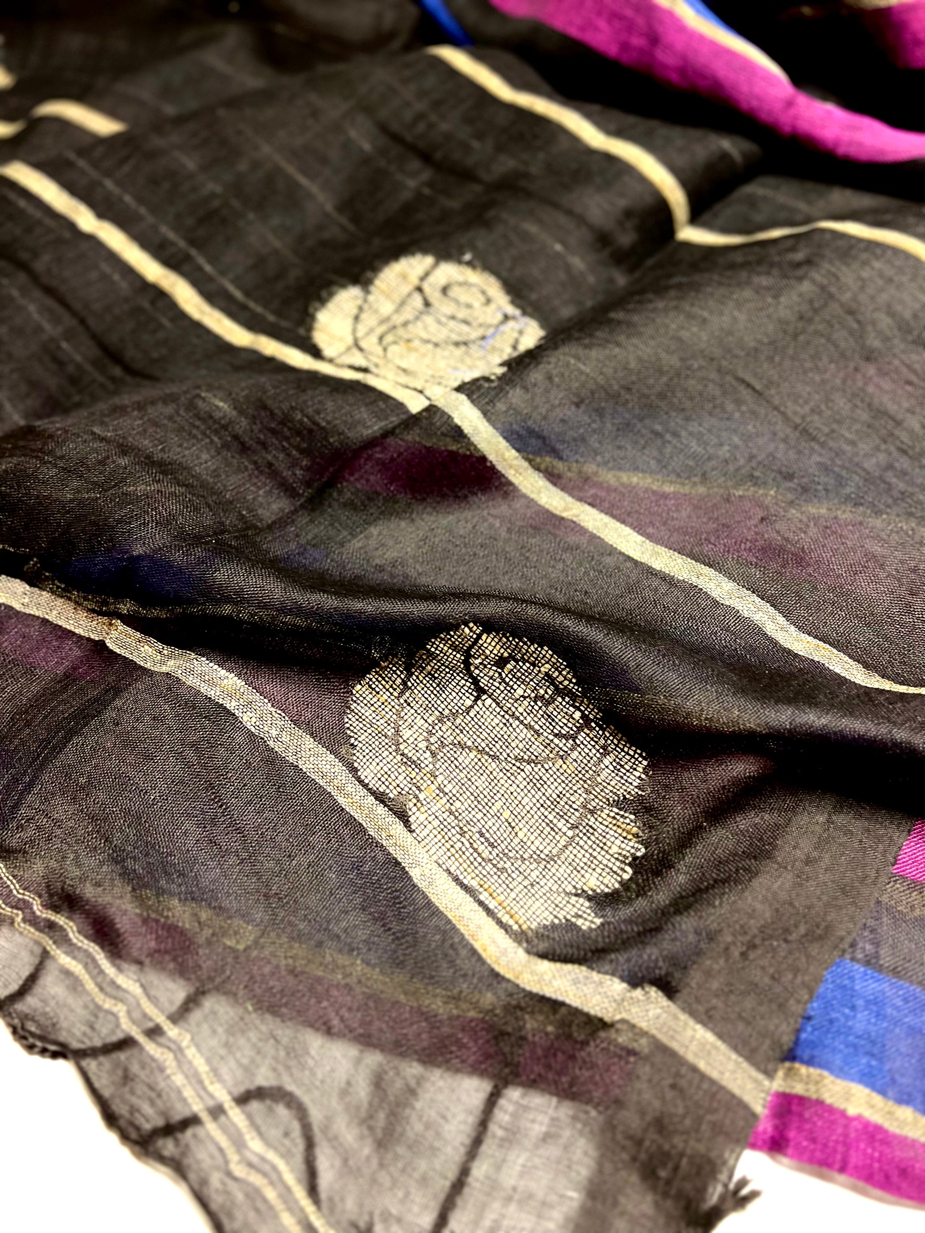 Handwoven Linen Saree - Mulberry + Deep Blue + Black