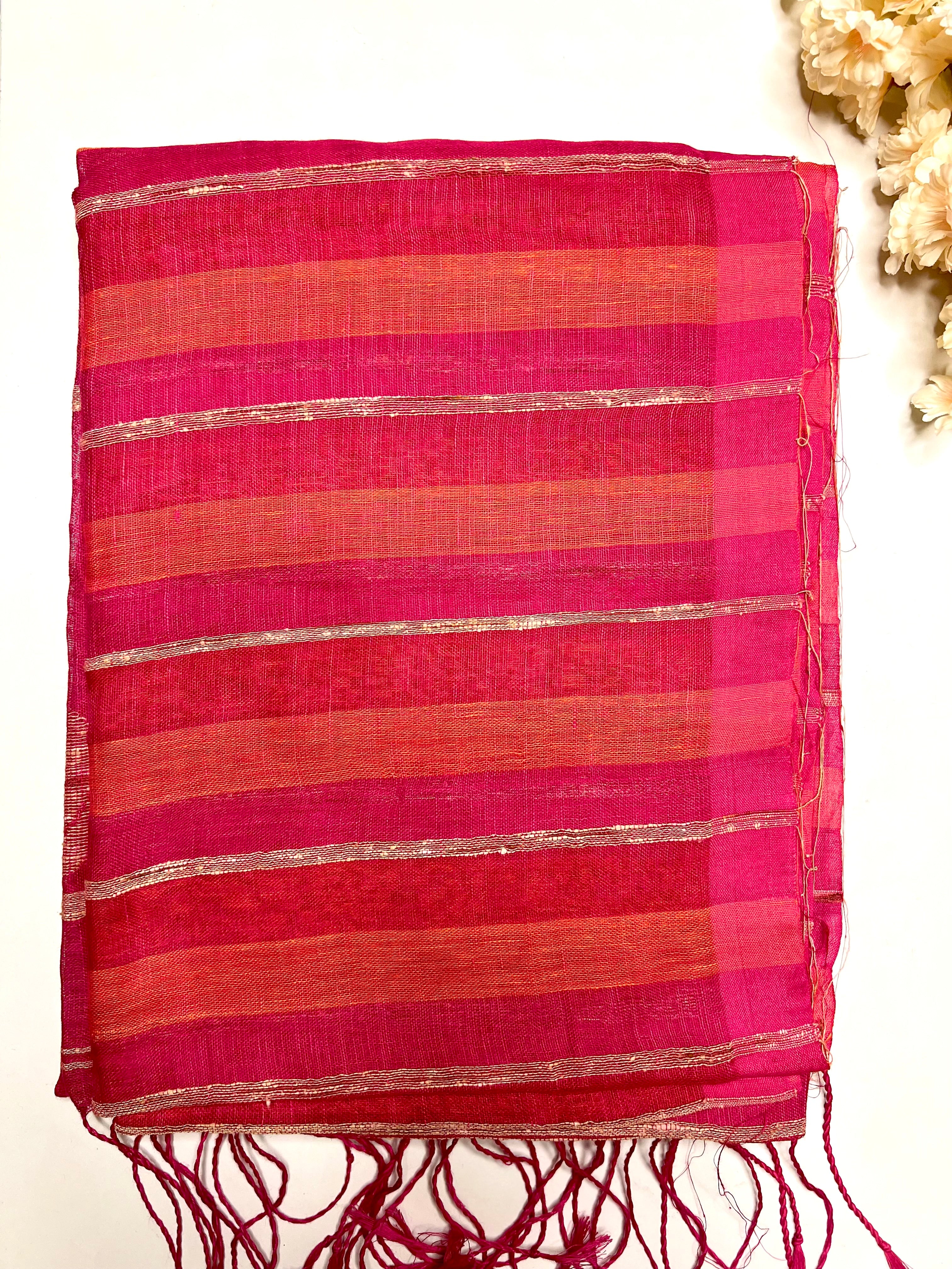 Handwoven Linen Saree - Deep Pink + Flamingo Orange