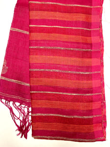 Handwoven Linen Saree - Deep Pink + Flamingo Orange