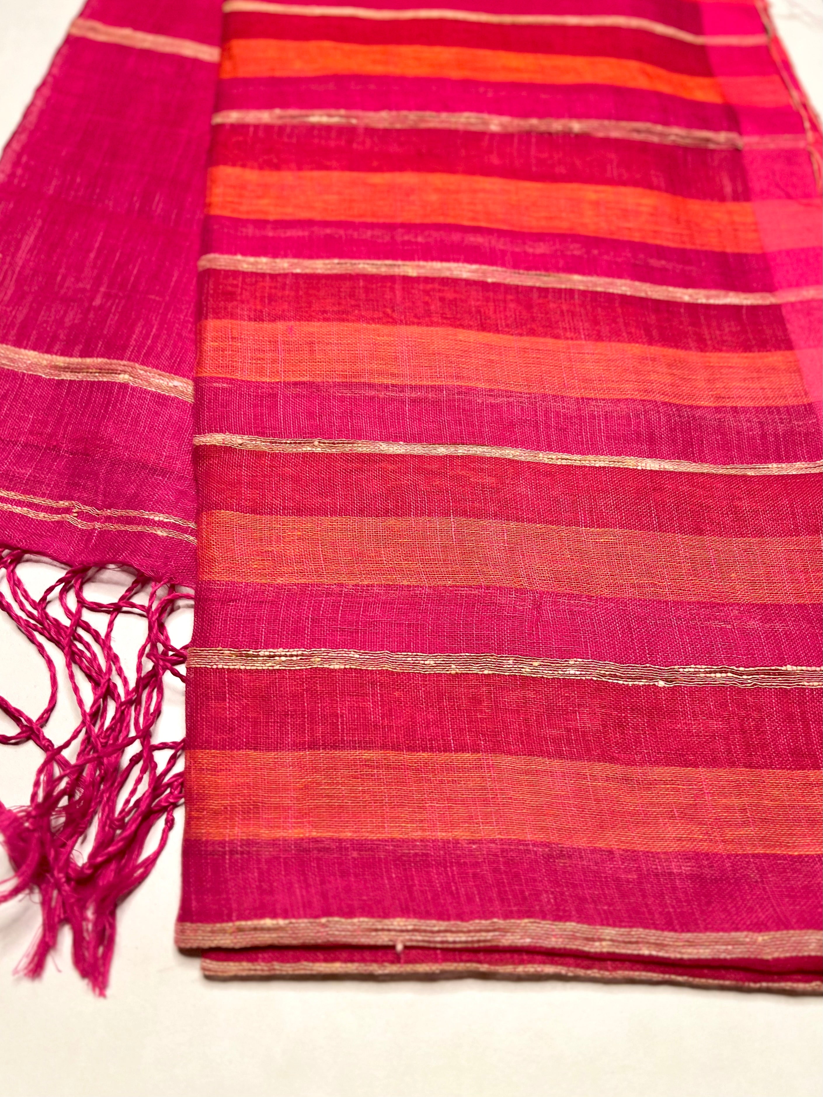 Handwoven Linen Saree - Deep Pink + Flamingo Orange