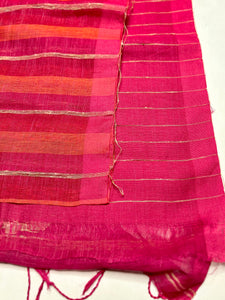 Handwoven Linen Saree - Deep Pink + Flamingo Orange