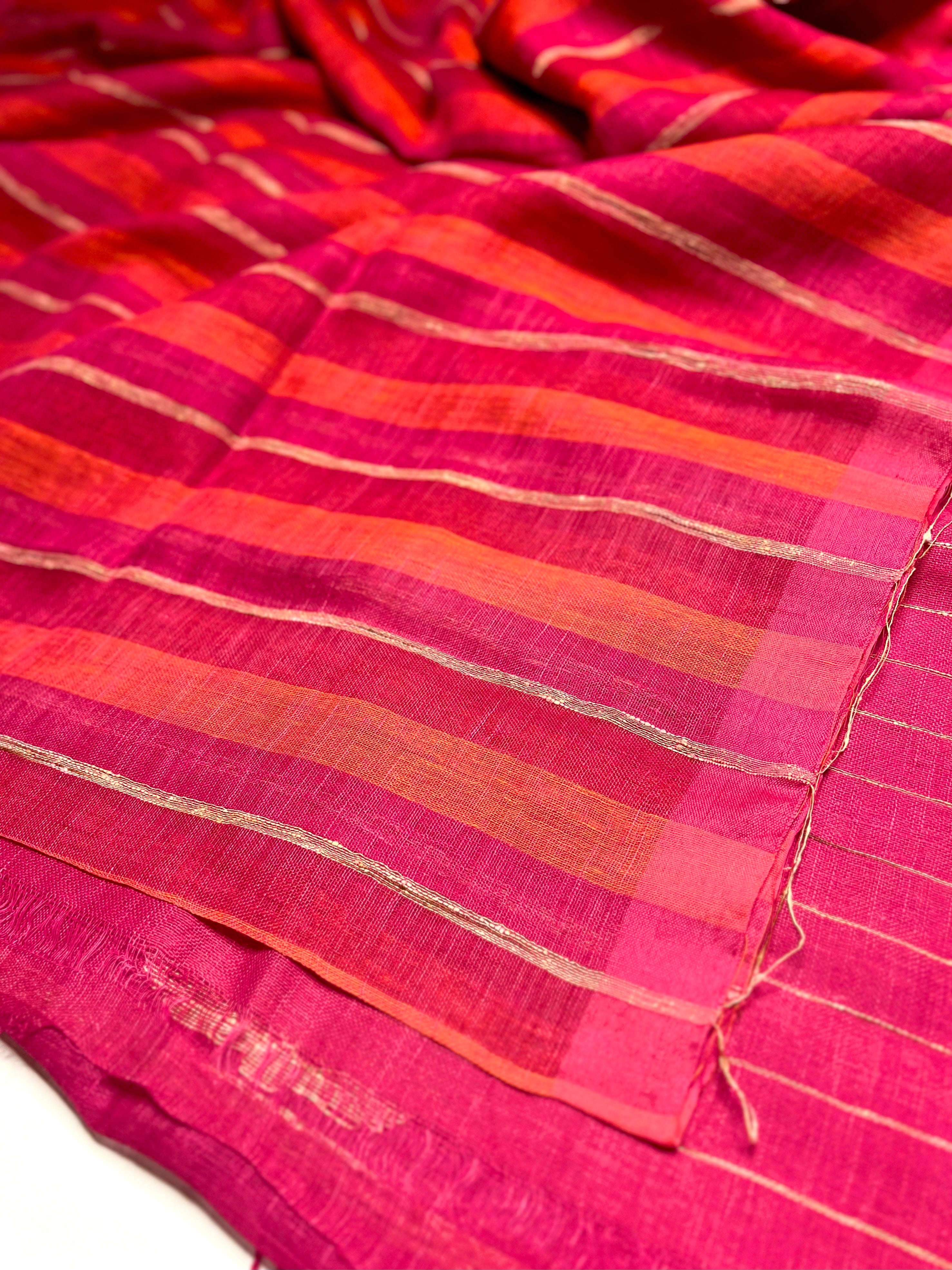 Handwoven Linen Saree - Deep Pink + Flamingo Orange