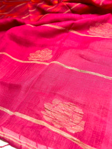 Handwoven Linen Saree - Deep Pink + Flamingo Orange