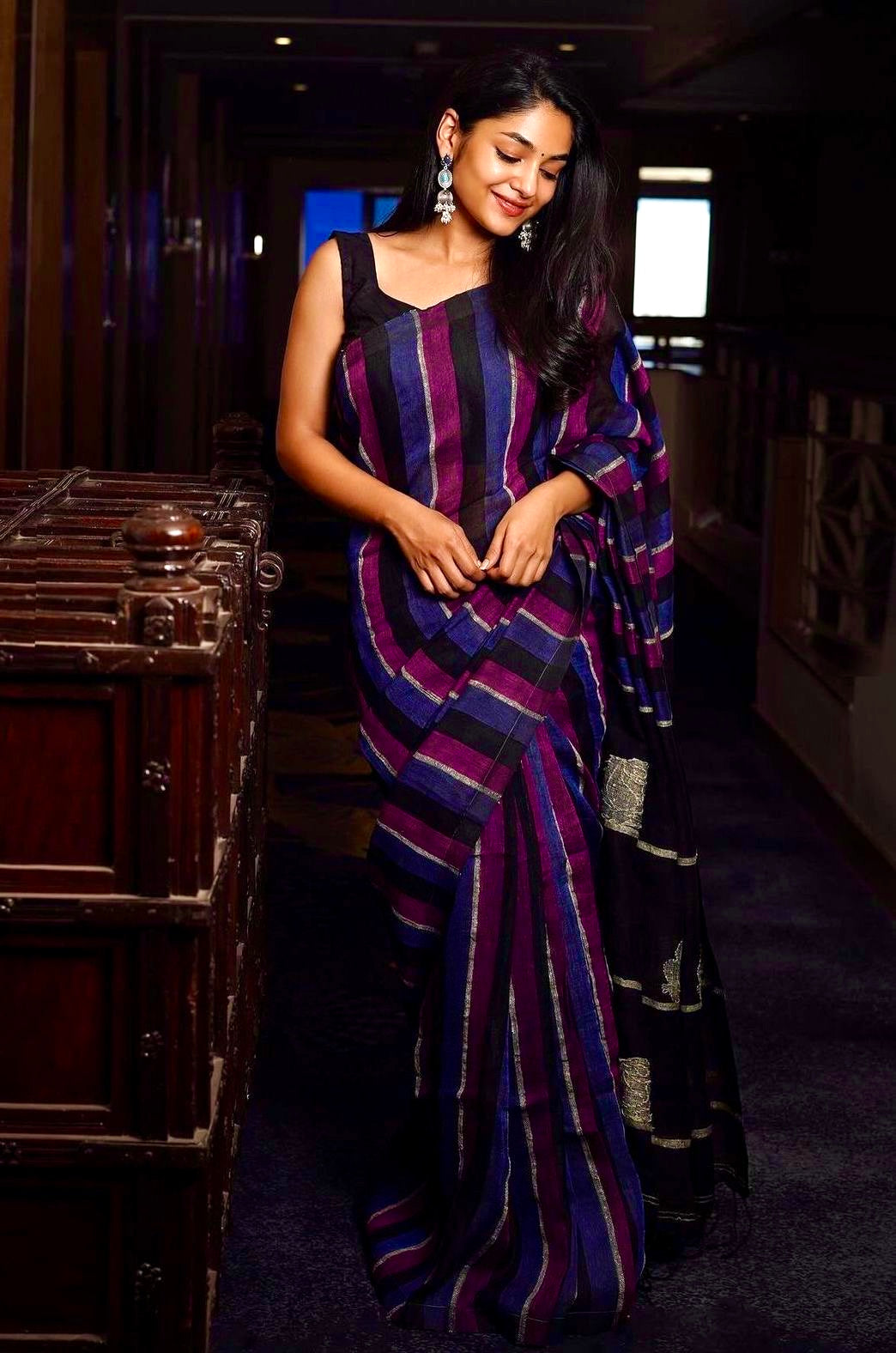 Handwoven Linen Saree - Mulberry + Deep Blue + Black