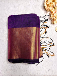 Handwoven Linen Saree - Grape Violet + Gold