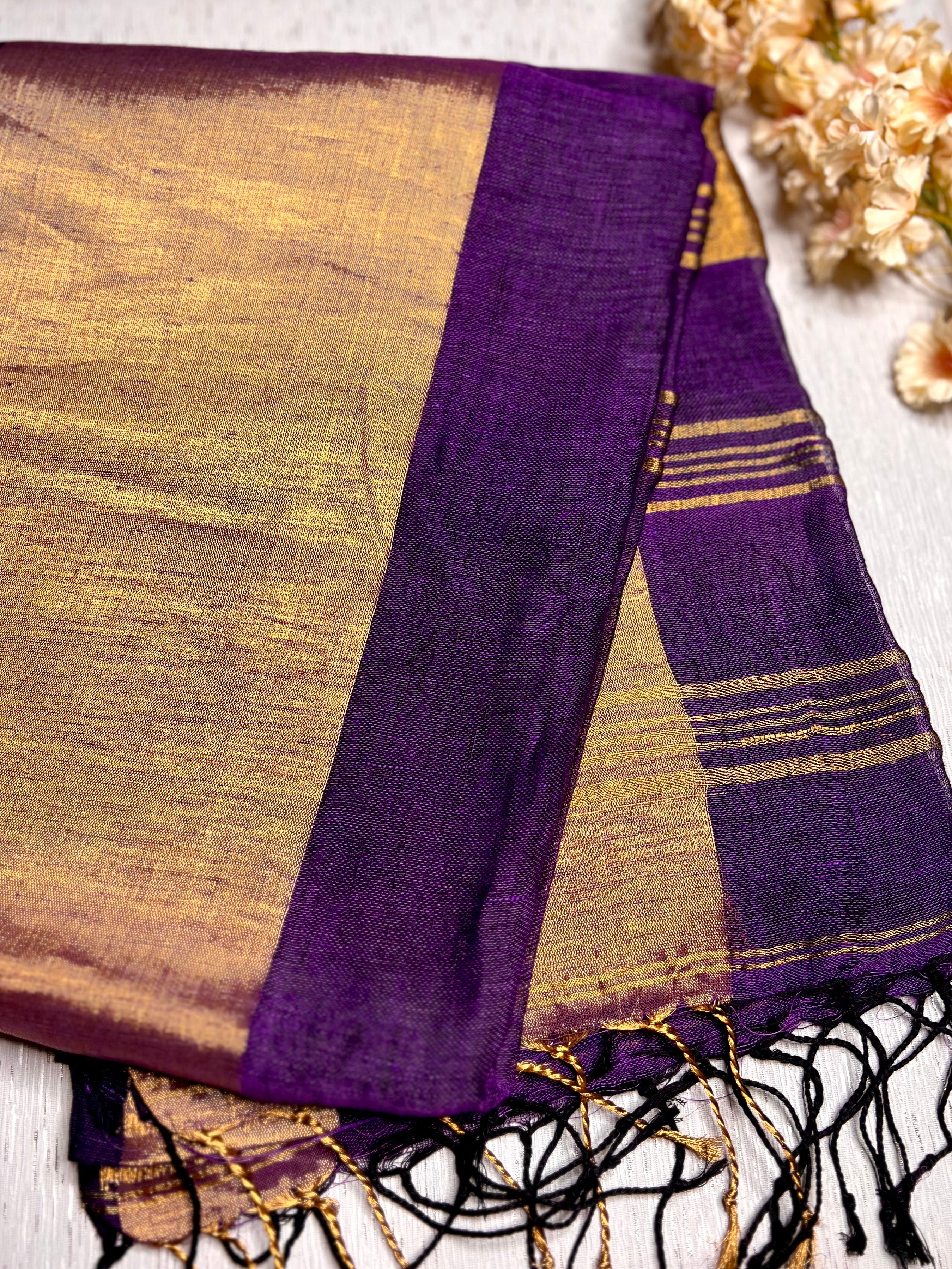 Handwoven Linen Saree - Grape Violet + Gold