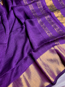 Handwoven Linen Saree - Grape Violet + Gold