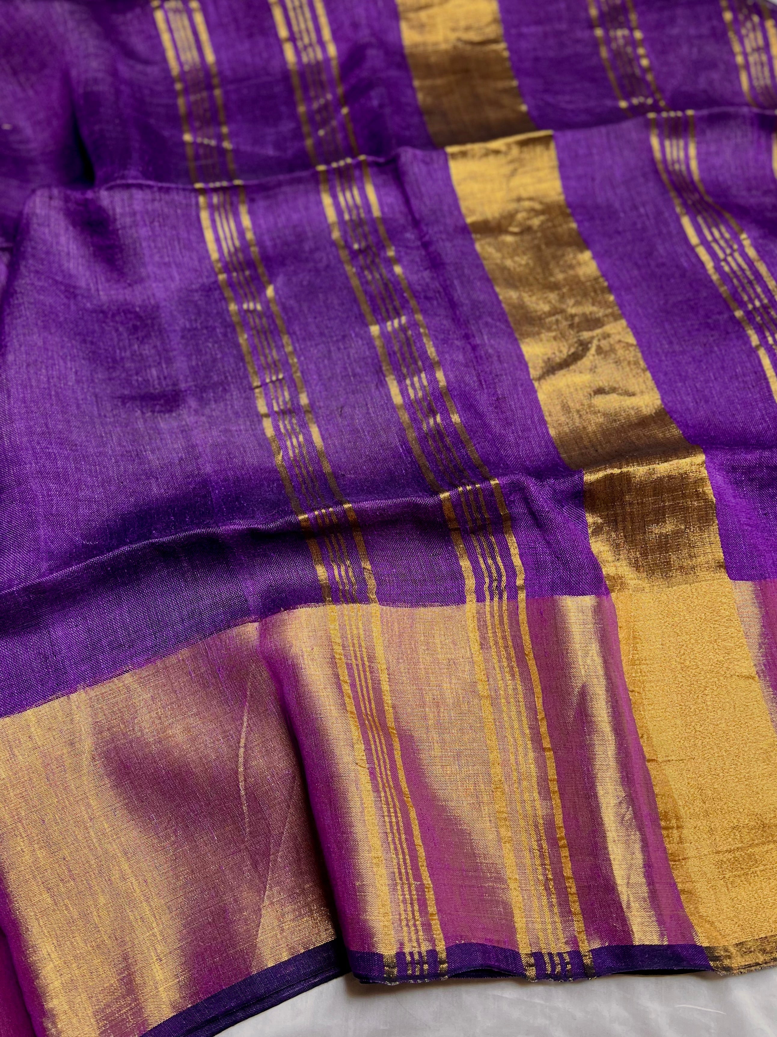 Handwoven Linen Saree - Grape Violet + Gold