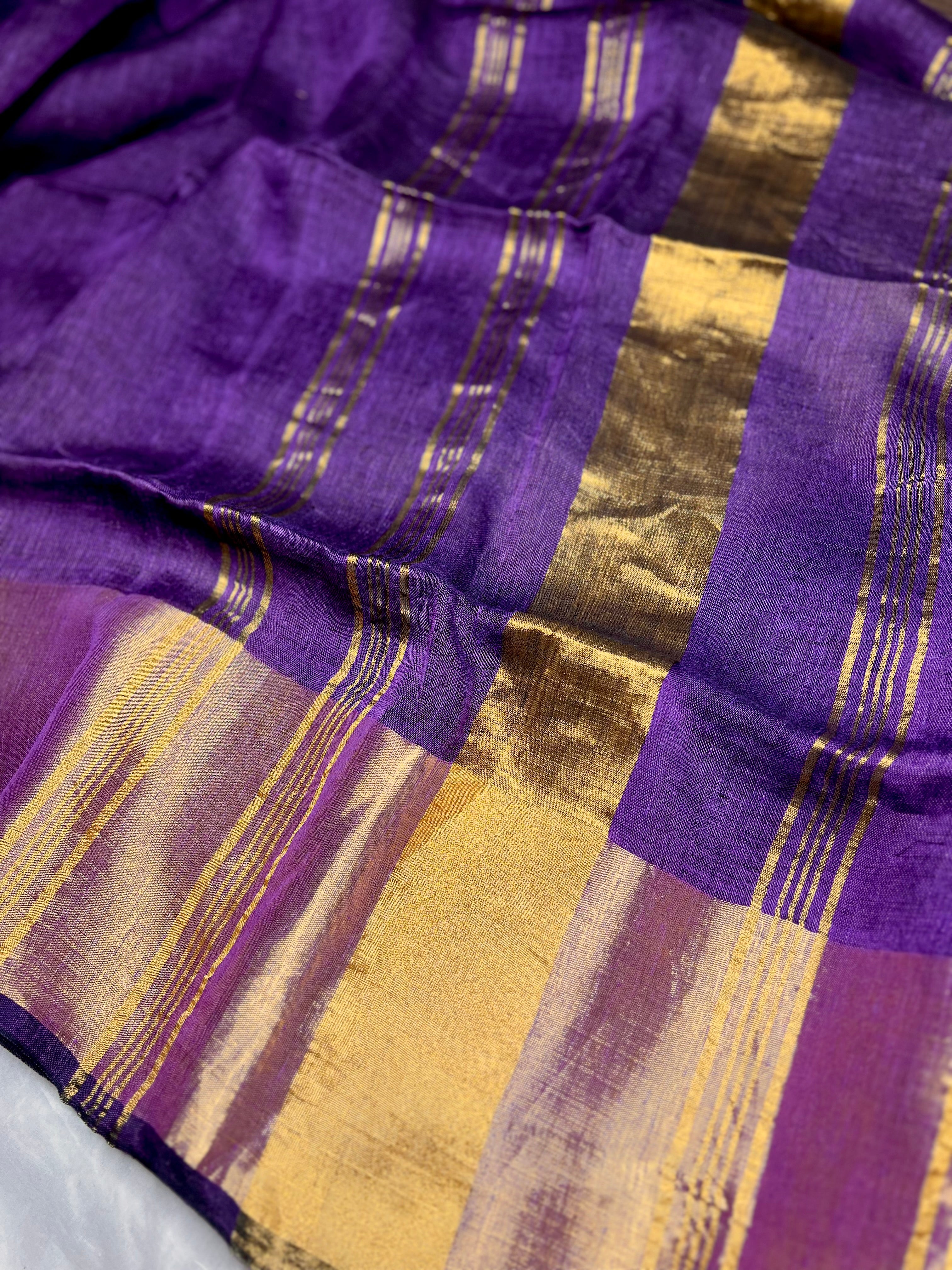 Handwoven Linen Saree - Grape Violet + Gold