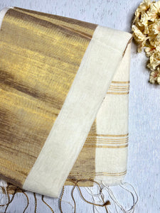 Handwoven Linen Saree - Pearl White + gold