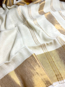 Handwoven Linen Saree - Pearl White + gold