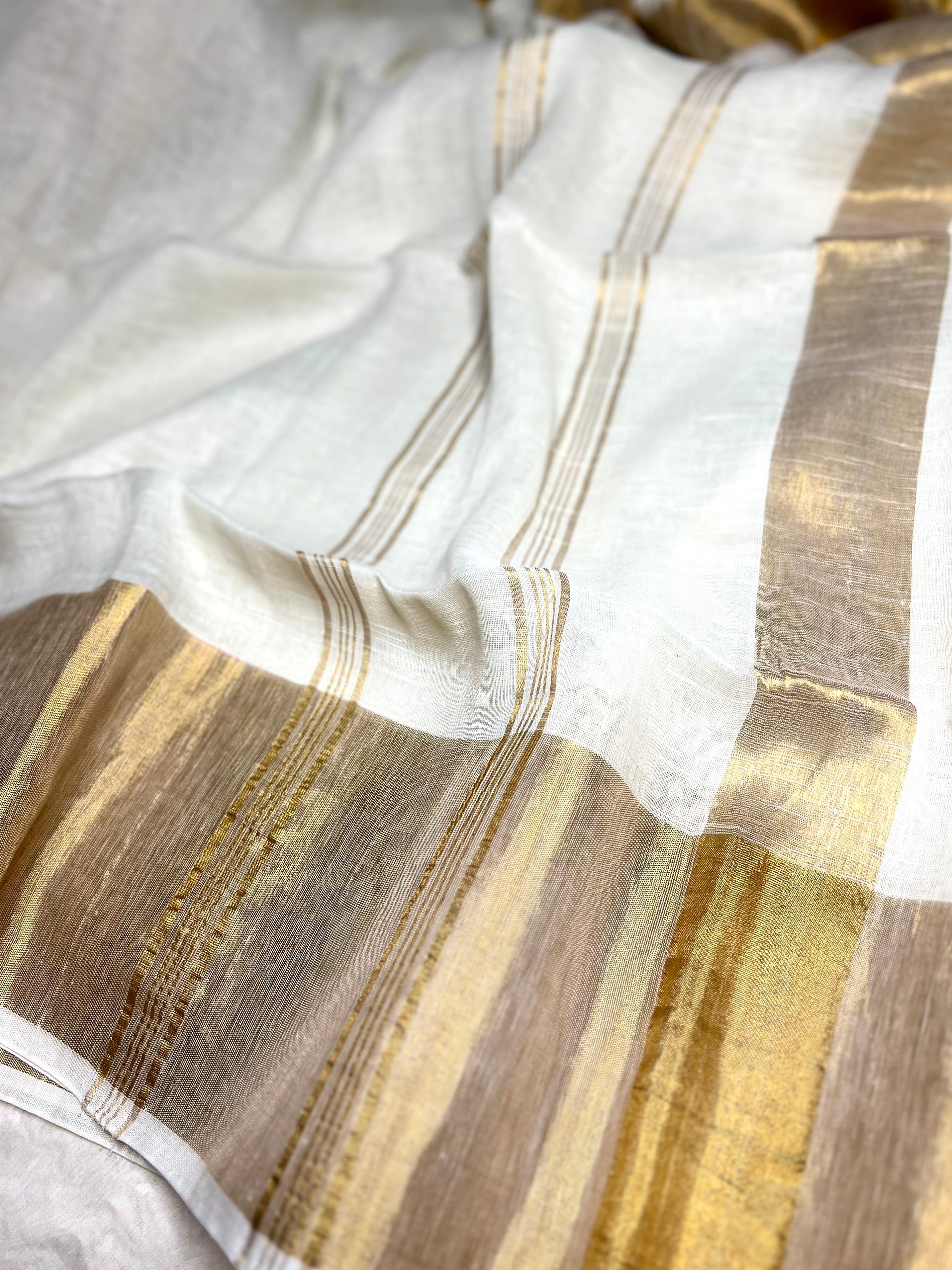 Handwoven Linen Saree - Pearl White + gold