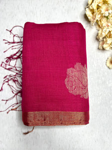 Handwoven Linen Saree - Rose Pink + Zari