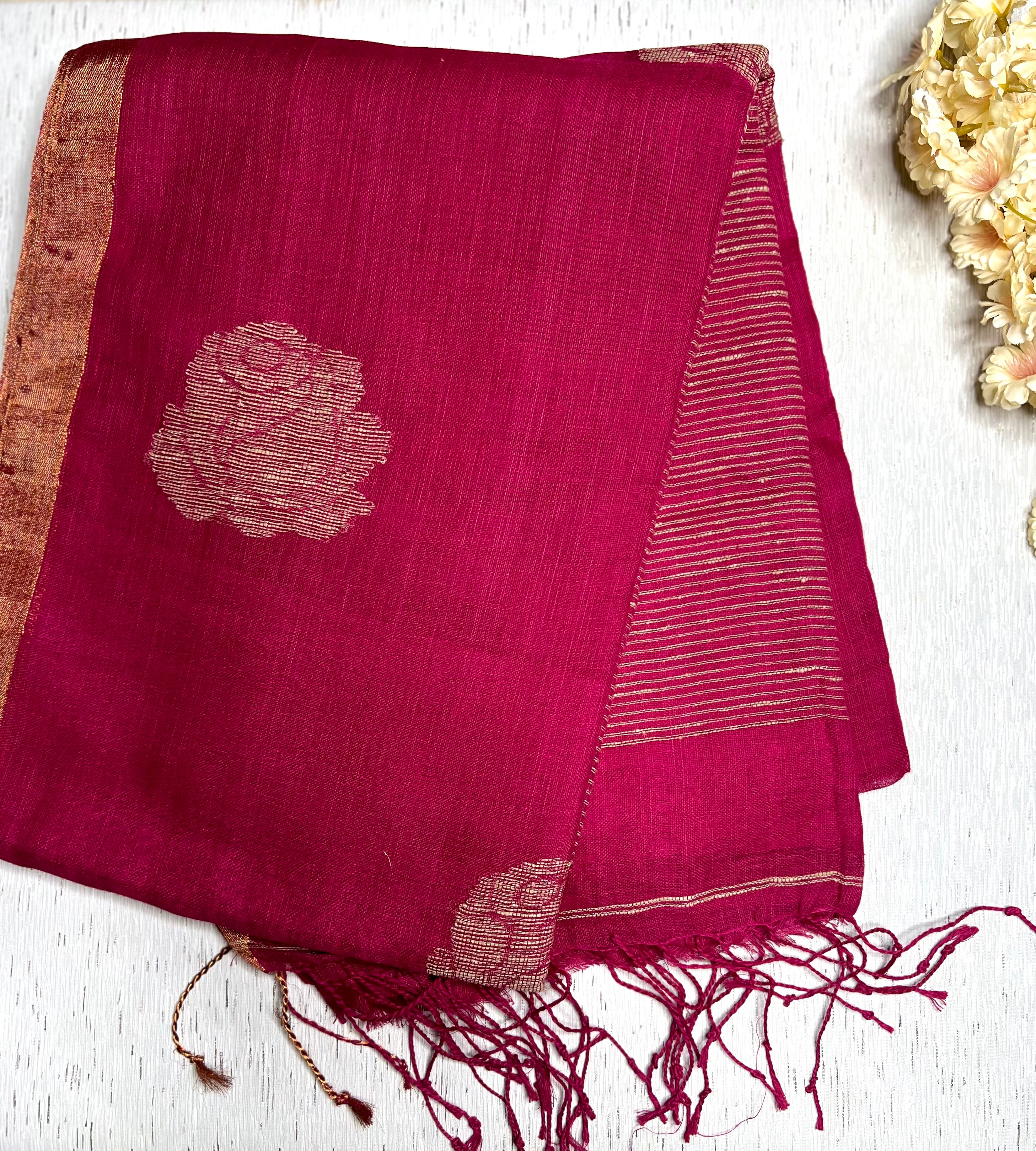 Handwoven Linen Saree - Rose Pink + Zari