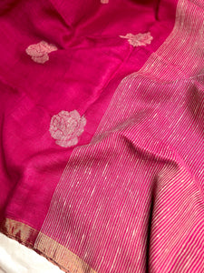 Handwoven Linen Saree - Rose Pink + Zari