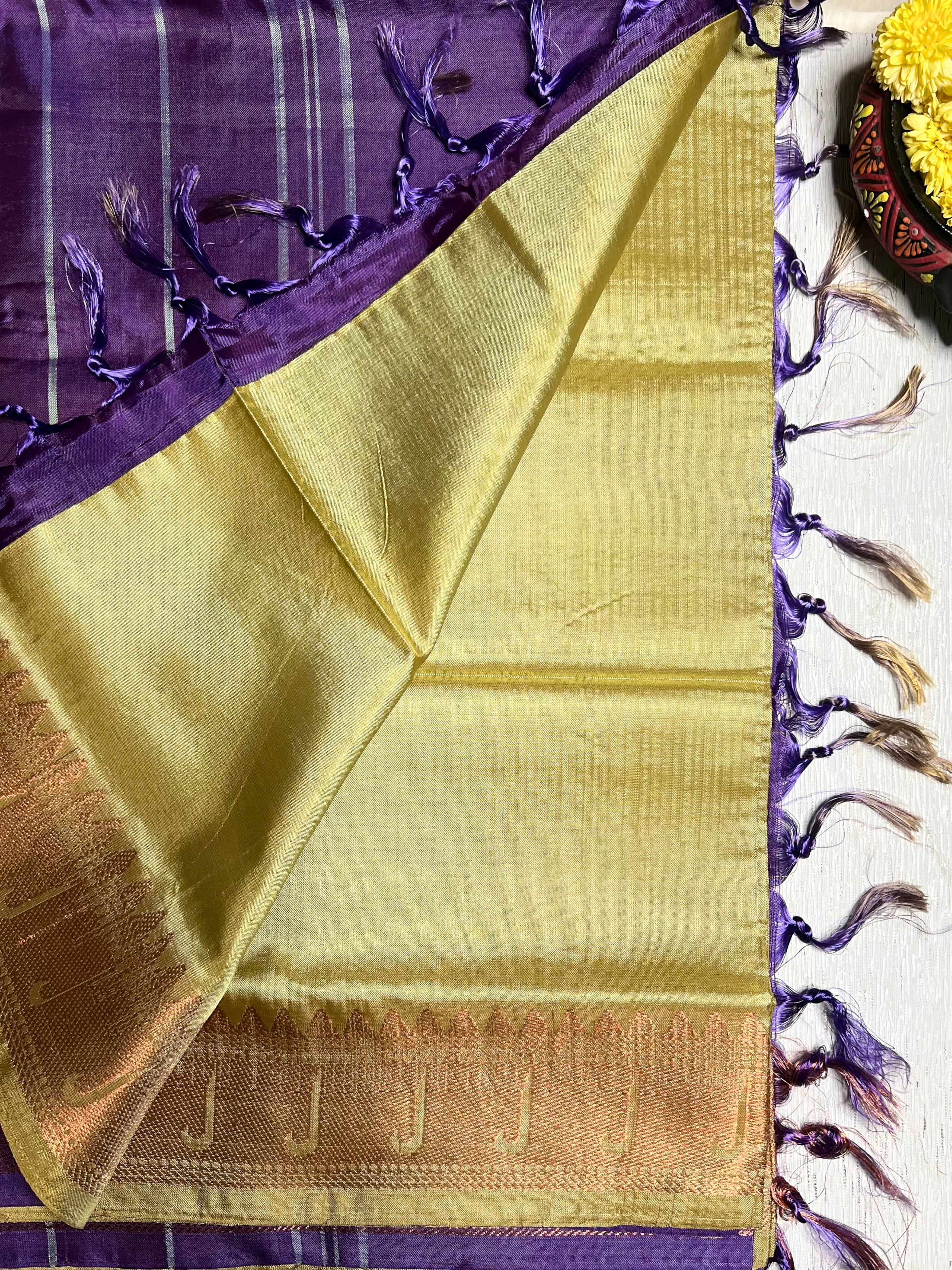 Handwoven Art Silk Saree - Texas Gold + Wine Berry