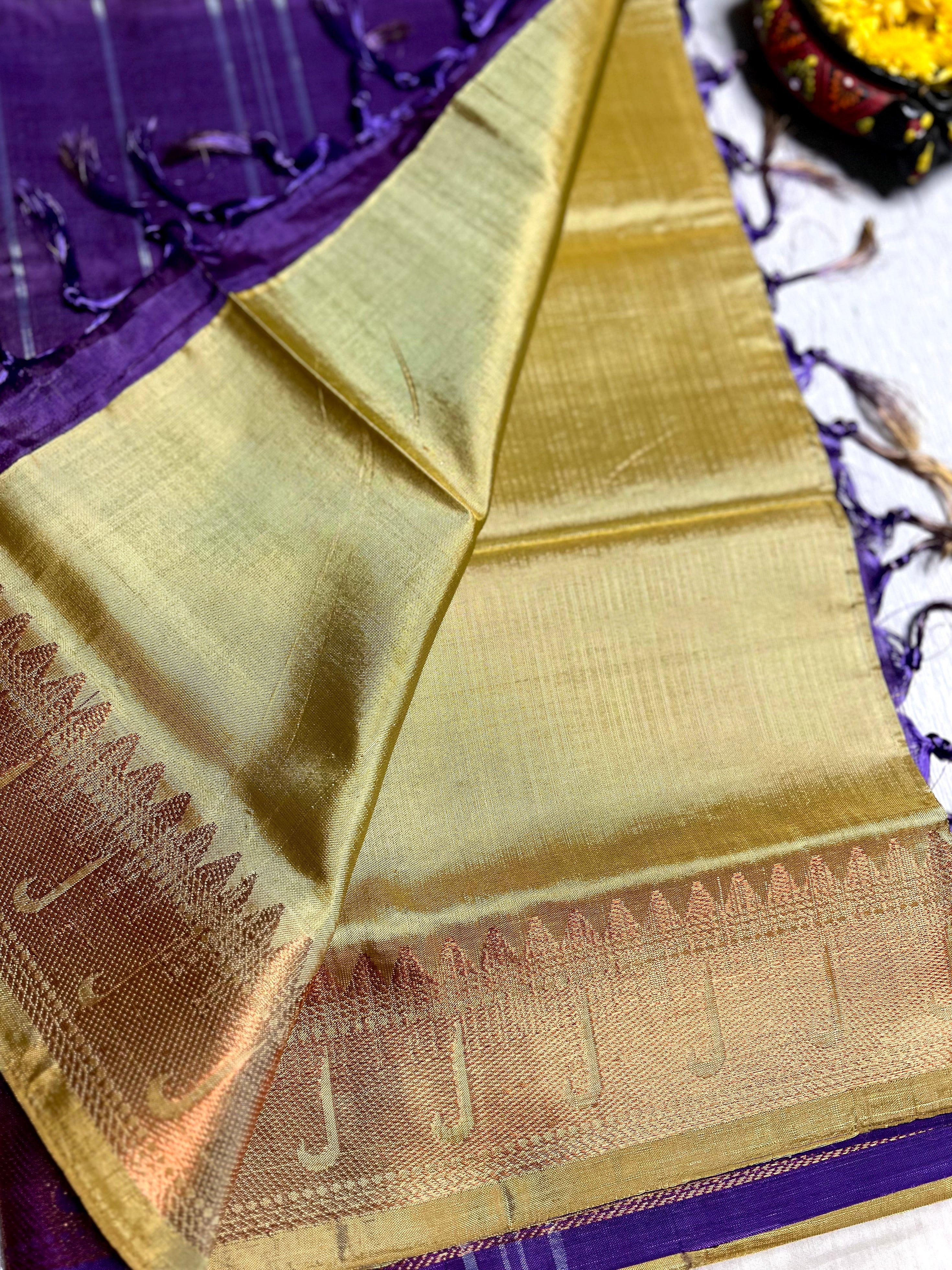 Handwoven Art Silk Saree - Texas Gold + Wine Berry