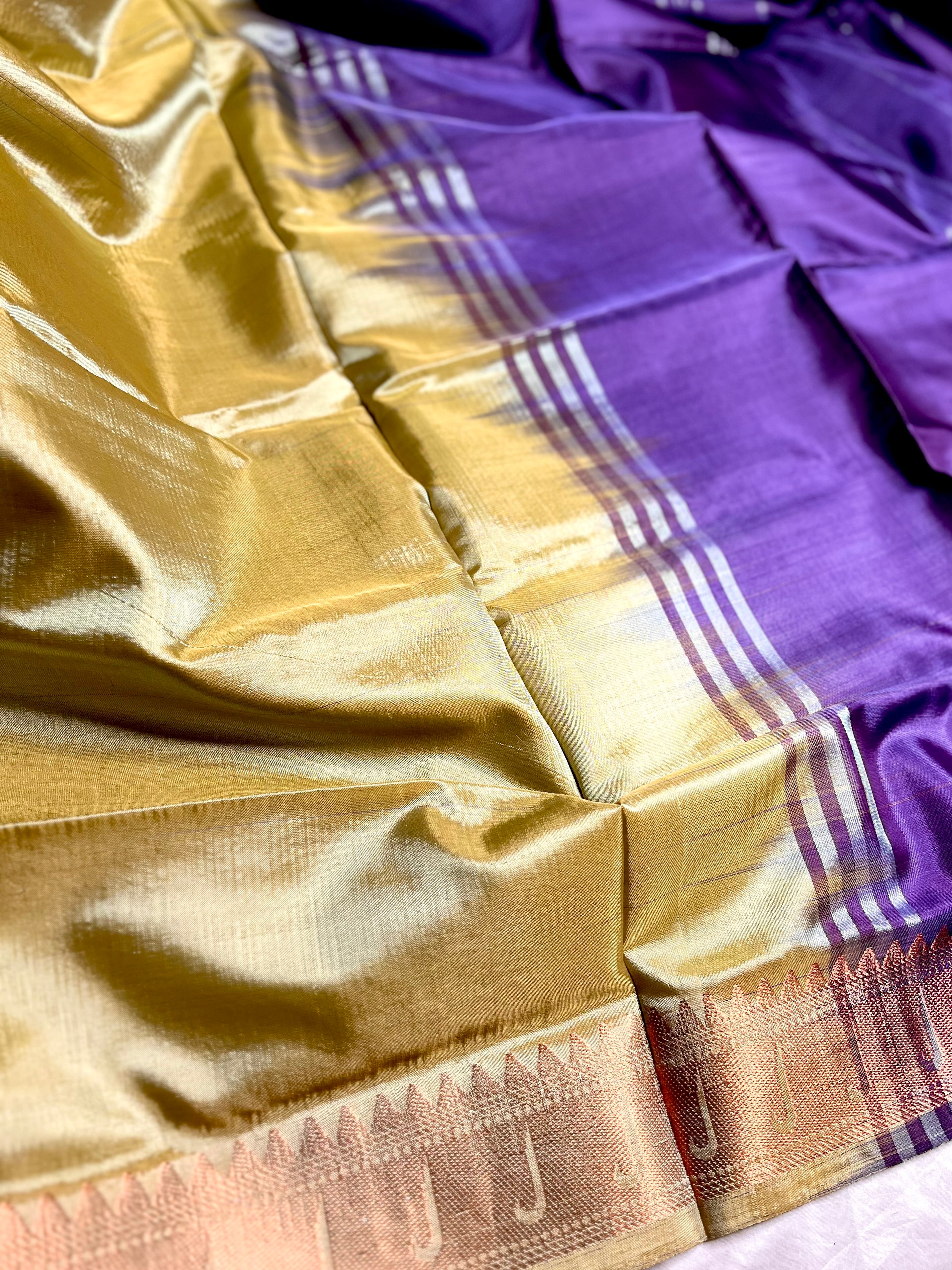 Handwoven Art Silk Saree - Texas Gold + Wine Berry