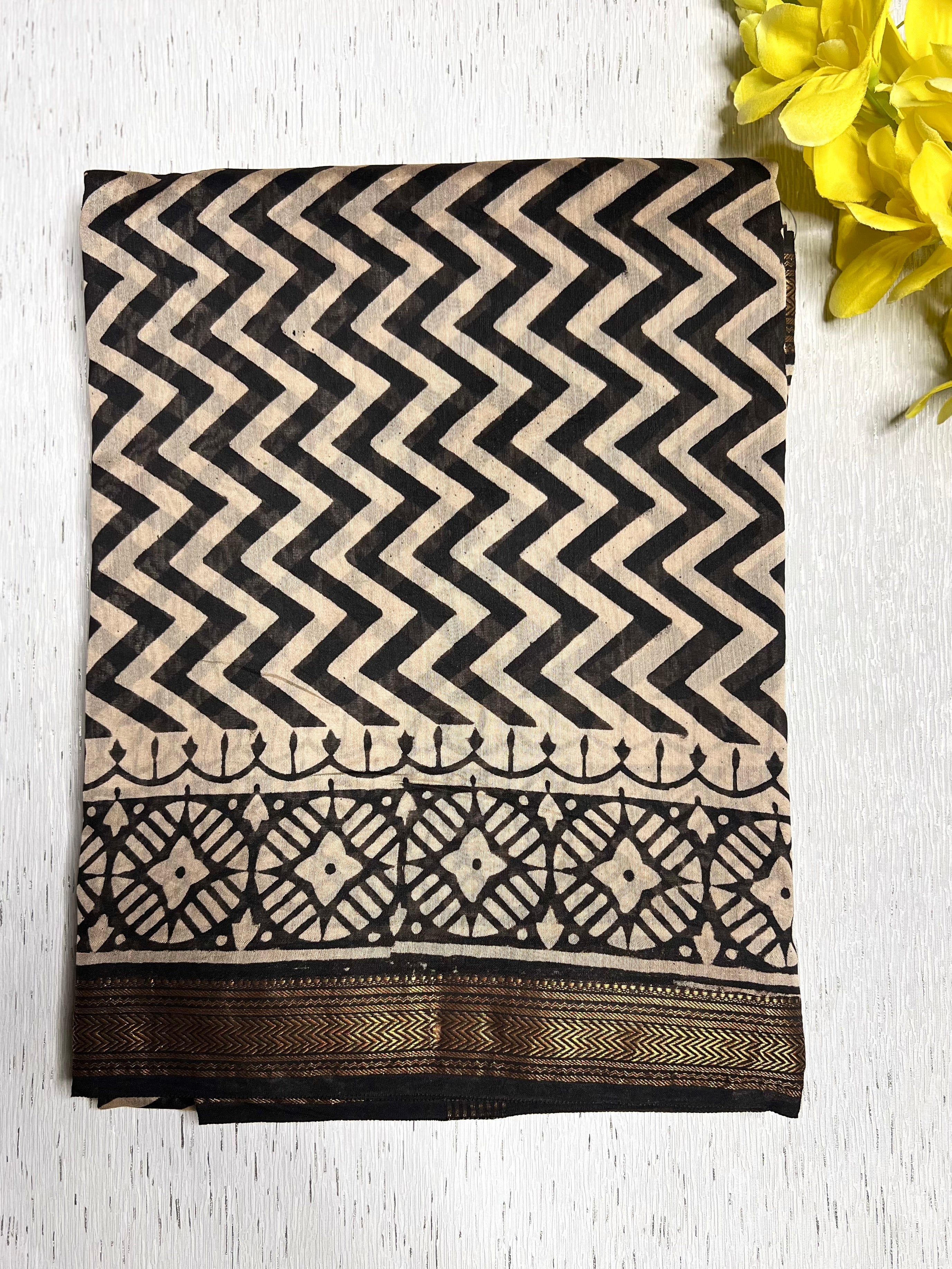 Handblock Printed Silk Cotton Saree - Pearl Bush + Black + Brown Rust