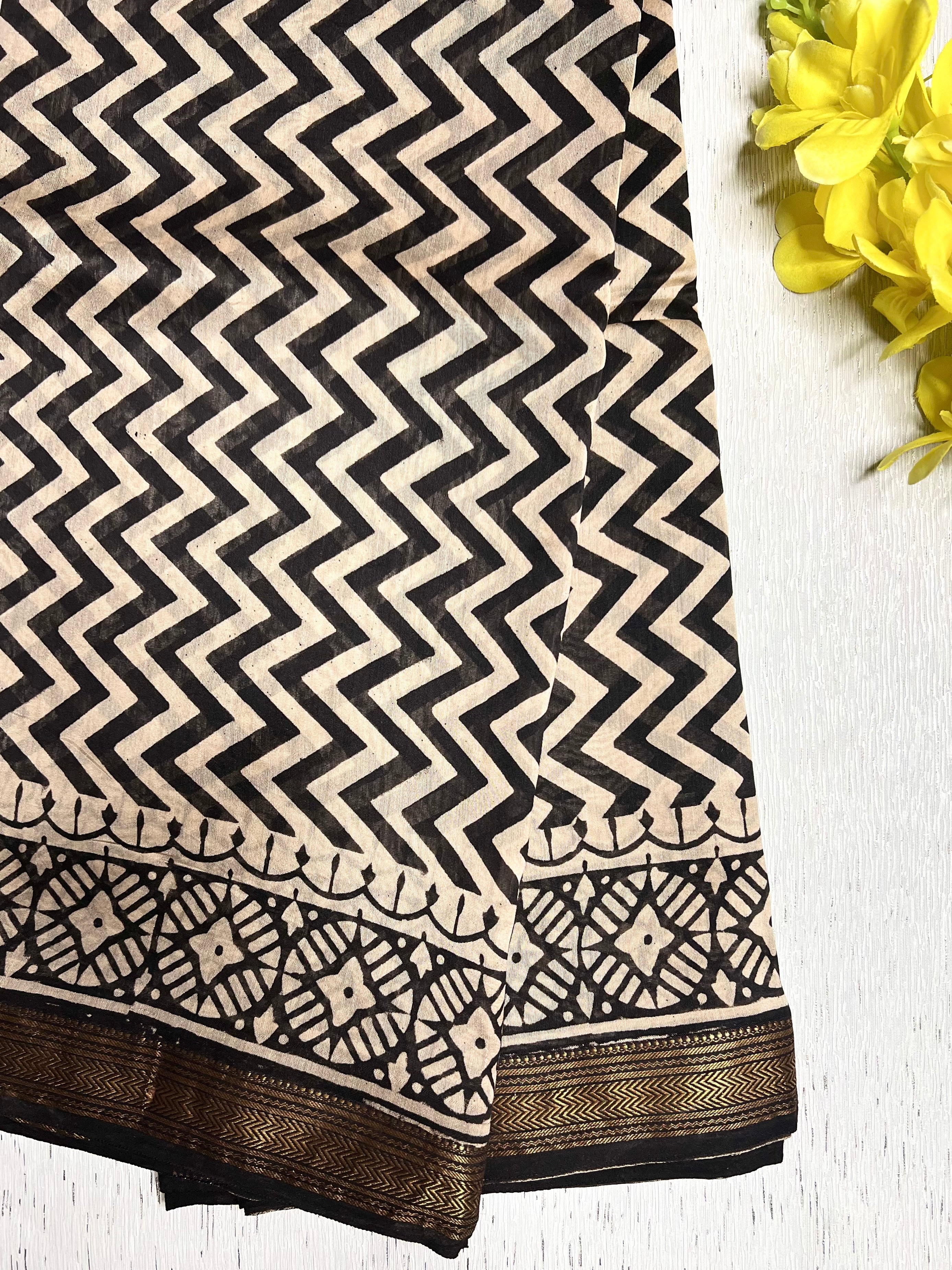 Handblock Printed Silk Cotton Saree - Pearl Bush + Black + Brown Rust