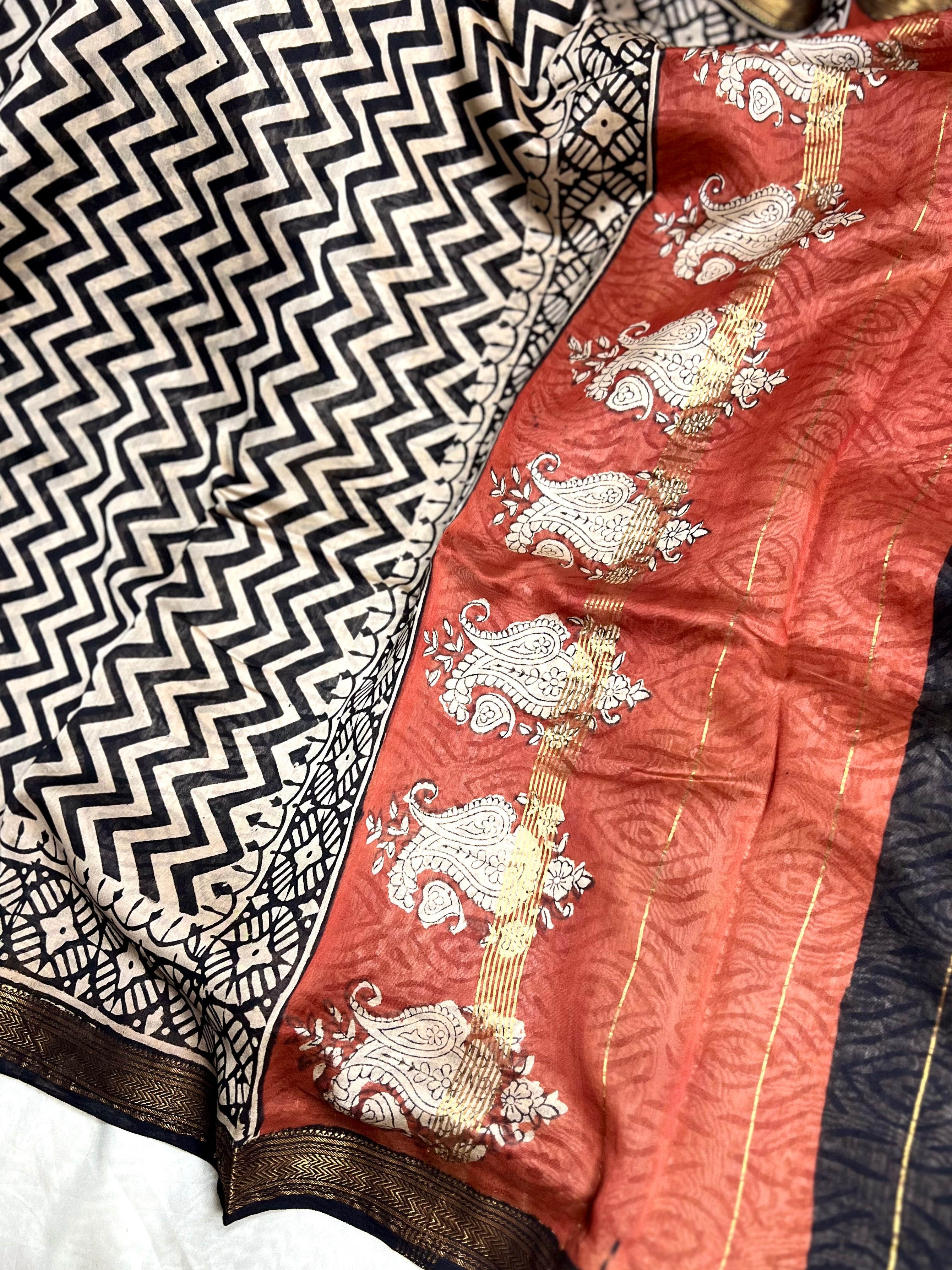 Handblock Printed Silk Cotton Saree - Pearl Bush + Black + Brown Rust