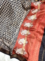 Load image into Gallery viewer, Handblock Printed Silk Cotton Saree - Pearl Bush + Black + Brown Rust
