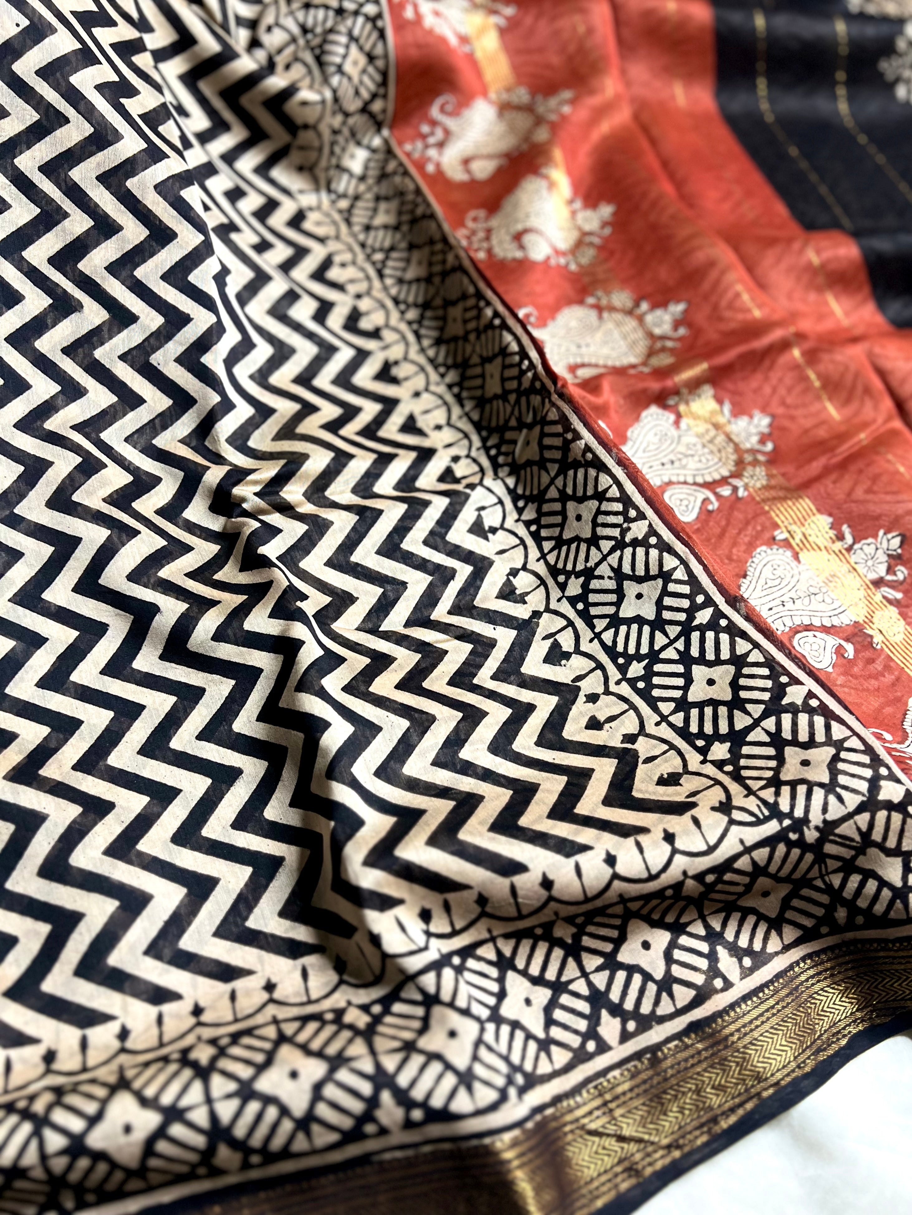 Handblock Printed Silk Cotton Saree - Pearl Bush + Black + Brown Rust