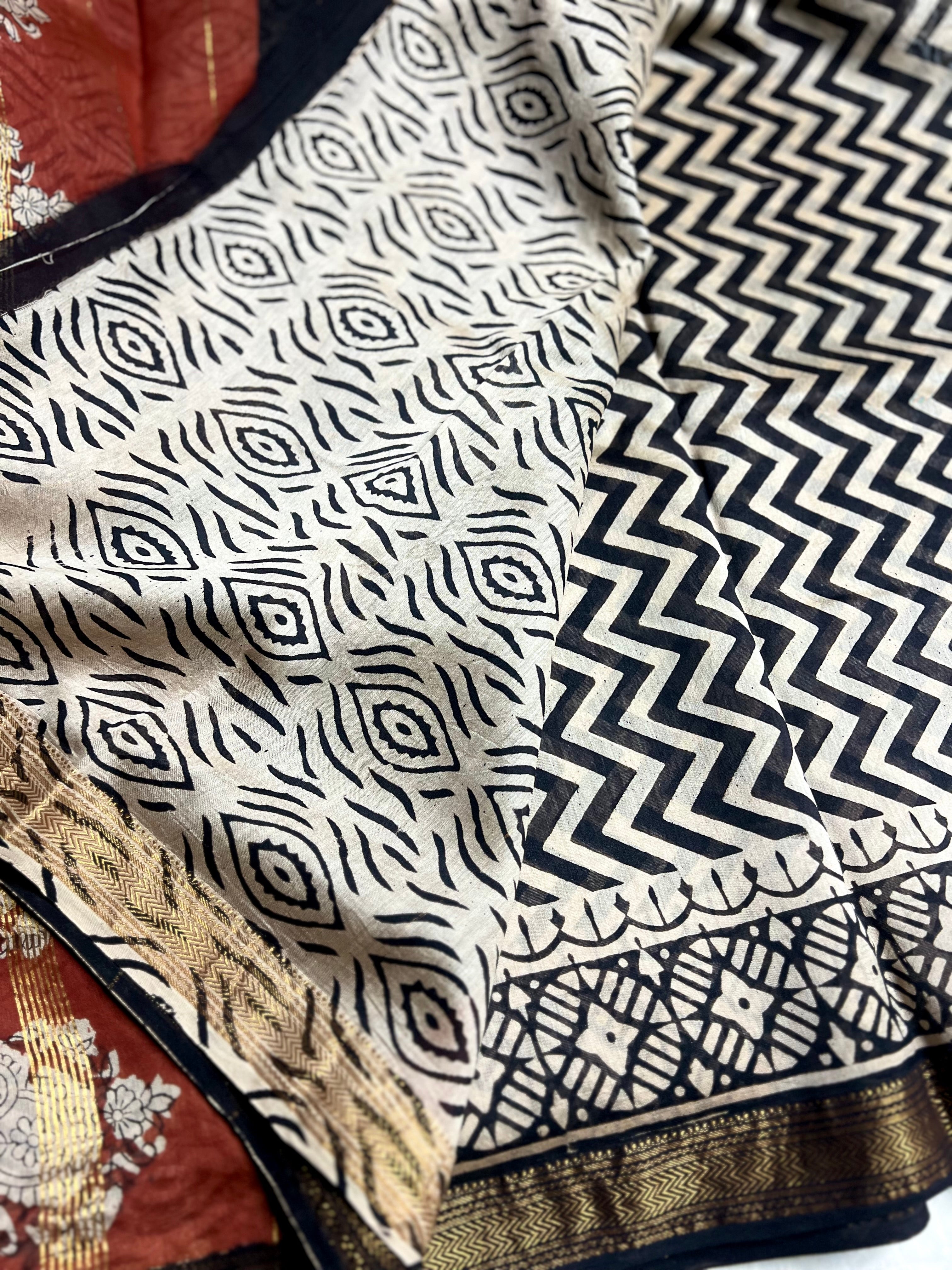 Handblock Printed Silk Cotton Saree - Pearl Bush + Black + Brown Rust