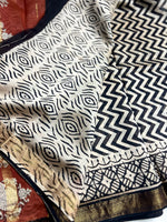 Load image into Gallery viewer, Handblock Printed Silk Cotton Saree - Pearl Bush + Black + Brown Rust
