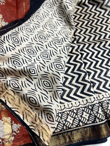 Handblock Printed Silk Cotton Saree - Pearl Bush + Black + Brown Rust