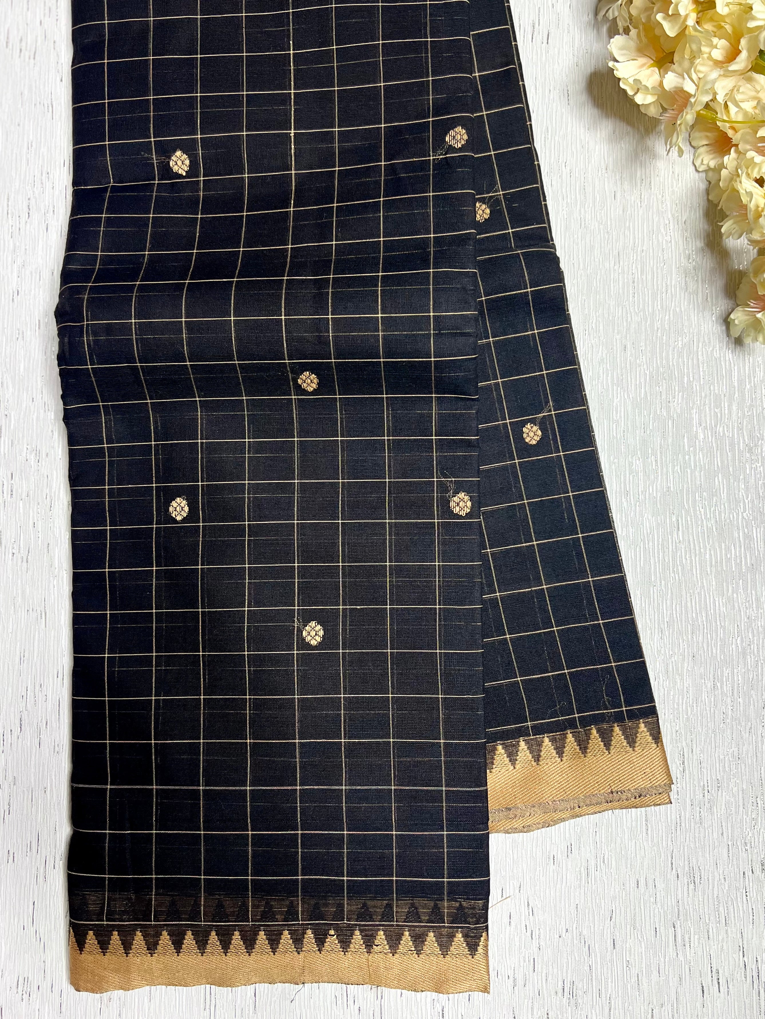 Chettinad Cotton Saree - Black + Harvest Gold