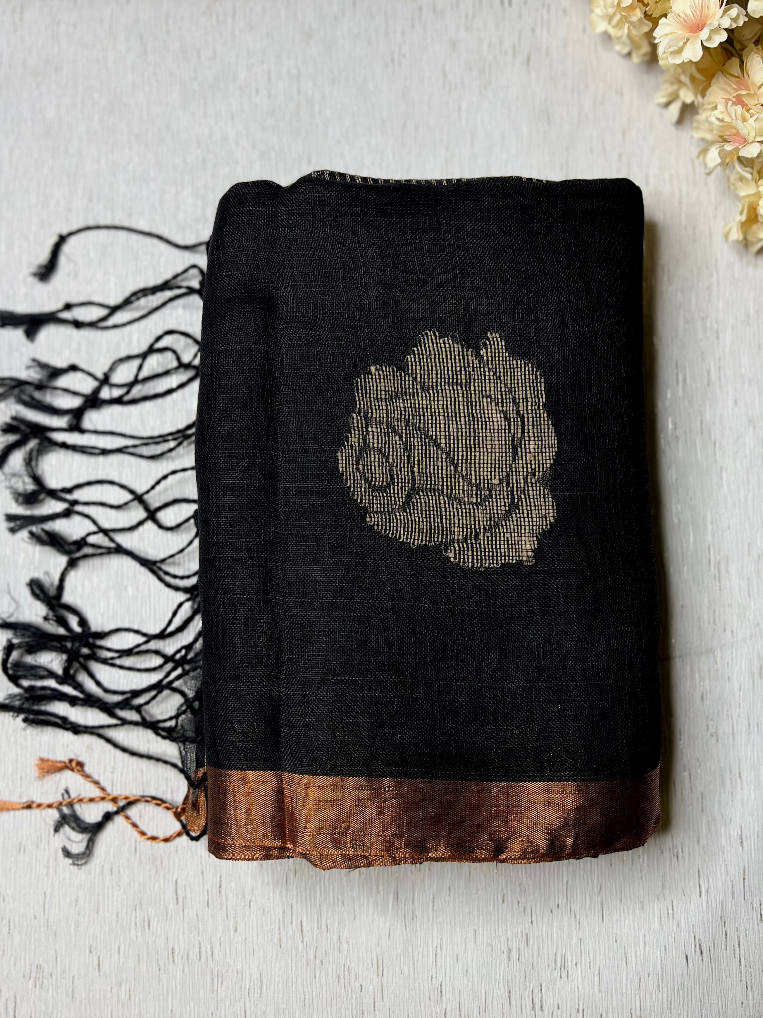 Handwoven Linen Saree - Rose Black + Zari